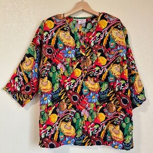 Why Not! Vintage Fiesta Novelty Print Rayon Beaded Top Womens Medium Multicolor